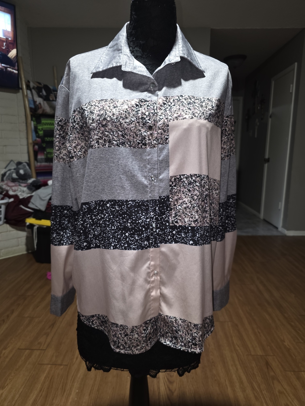 Womens Pink and Gray Button-Down Shirt - Casual Striped Print
